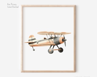 May include: A watercolor illustration of a vintage airplane in shades of brown, white, and gray. The airplane is flying in the air with its wings spread out.