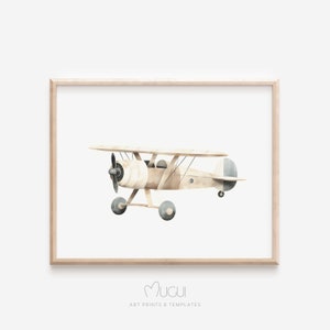 Impresión de biplano con paisaje, arte de pared con avión vintage, decoración de guardería de viaje, arte de pared de viaje imprimible, decoración de habitación de niños. DESCARGA DIGITAL