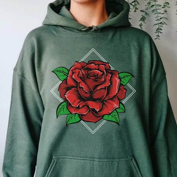 Rose Hoodie, Red Rose Graphic Sweatshirt, Girlfriend Hooded Sweatshirt, Cute Floral Sweatshirt, Botanical Sweatshirt, Rose Hoodies #CZ00534