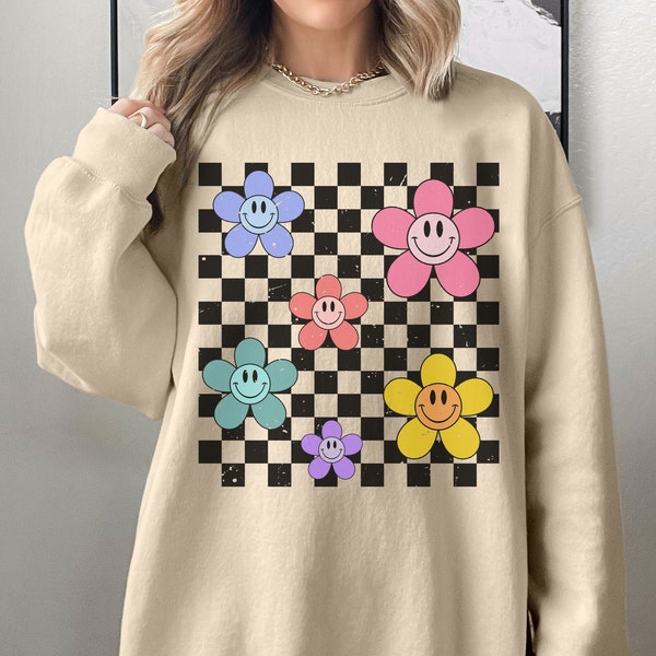 Retro Daisy Sweatshirt, Checkered Fall Rust Sweatshirt, Floral Fall Sweatshirt, Boho Daisy Sweatshirt, Happy Face Sweatshirt #CZ00627