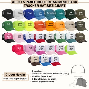 adult 5 panel high crown mesh back trucker hat size chart