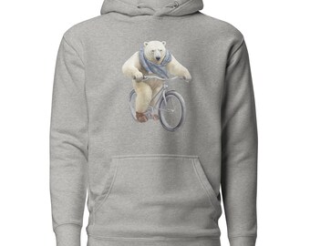 Arctic Adventure Polar Bear Hoodie - Whimsical Bear on Bike Sweatshirt - Chilly Wildlife Hooded Top - Unique Polar Explorer Apparel