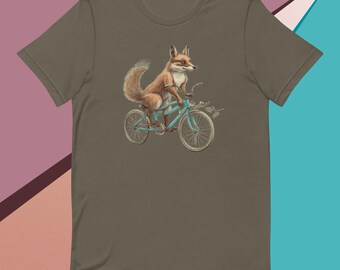 キツネシャツ - 自転車に乗るキツネ - キツネ好きのためのスクリーンプリント半袖シャツ - 自転車シャツ
