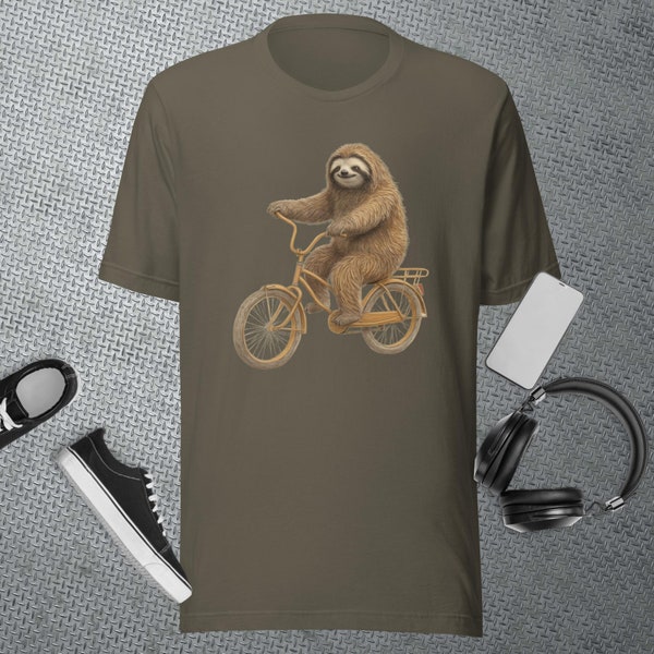 Charming Sloth on Vintage Bike - Hand-Drawn, Whimsical Animal Art T-Shirt