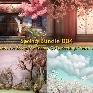 May include: A digital art bundle featuring four spring-themed backgrounds. The images include a stone building with cherry blossoms, a window with birds, a garden scene, and a sky with clouds and flowers. Text reads "Spring Bundle 004".