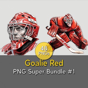 Paquete de imágenes prediseñadas de portero de hockey sobre hielo #1 - Paquete PNG de portero uniforme rojo con archivos PNG transparentes de 300 DPI / 48 diseños