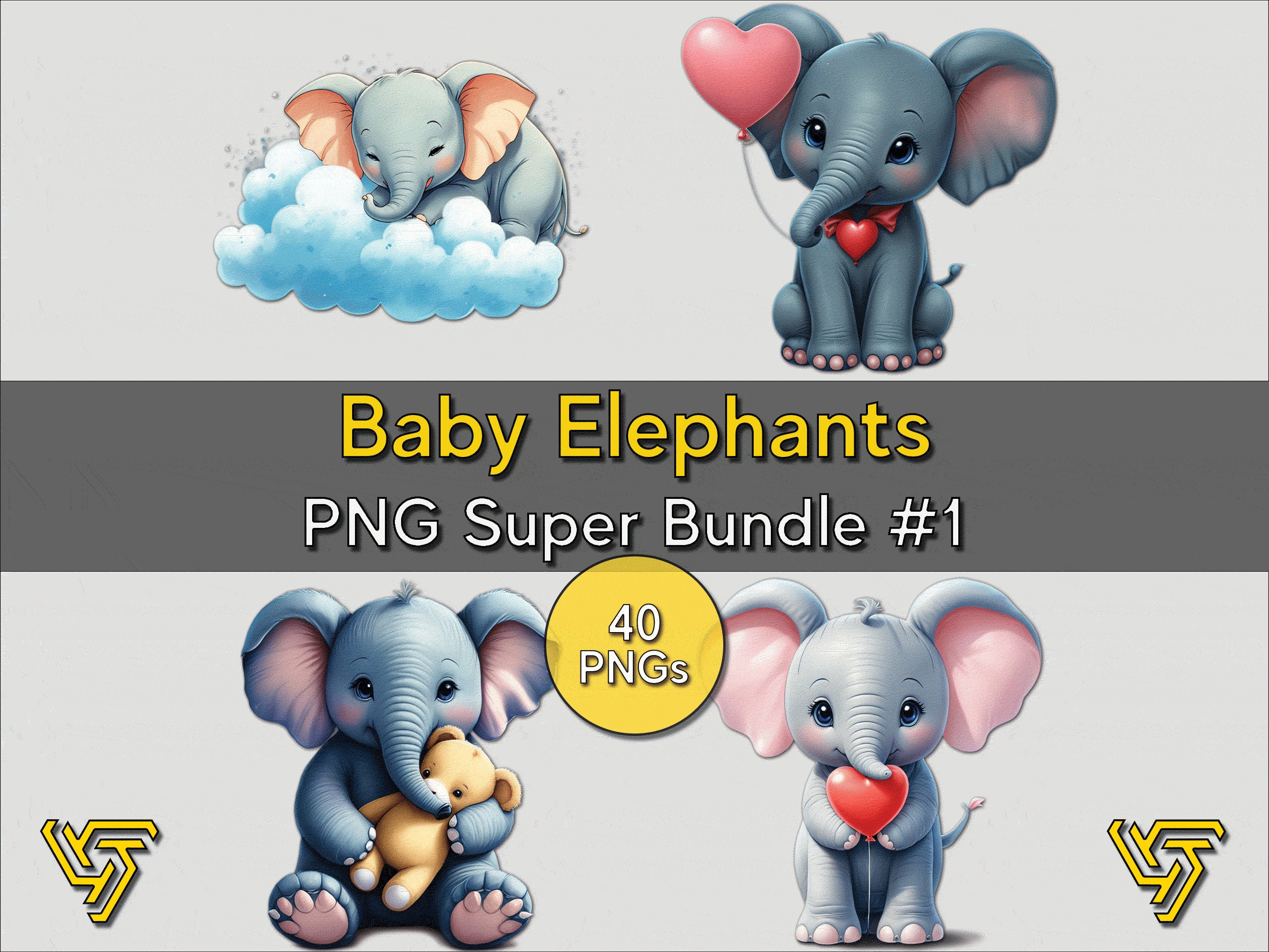 Adorable Baby Elephants PNG Clipart Bundle 1 40 Designs, 300 DPI ...