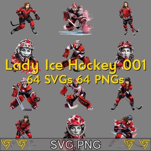 Paquete de imágenes prediseñadas de hockey sobre hielo Lady 001 Paquete de imágenes prediseñadas 1 / SVG y paquete PNG transparente de 300 DPI / Descarga instantánea / 64 diseños