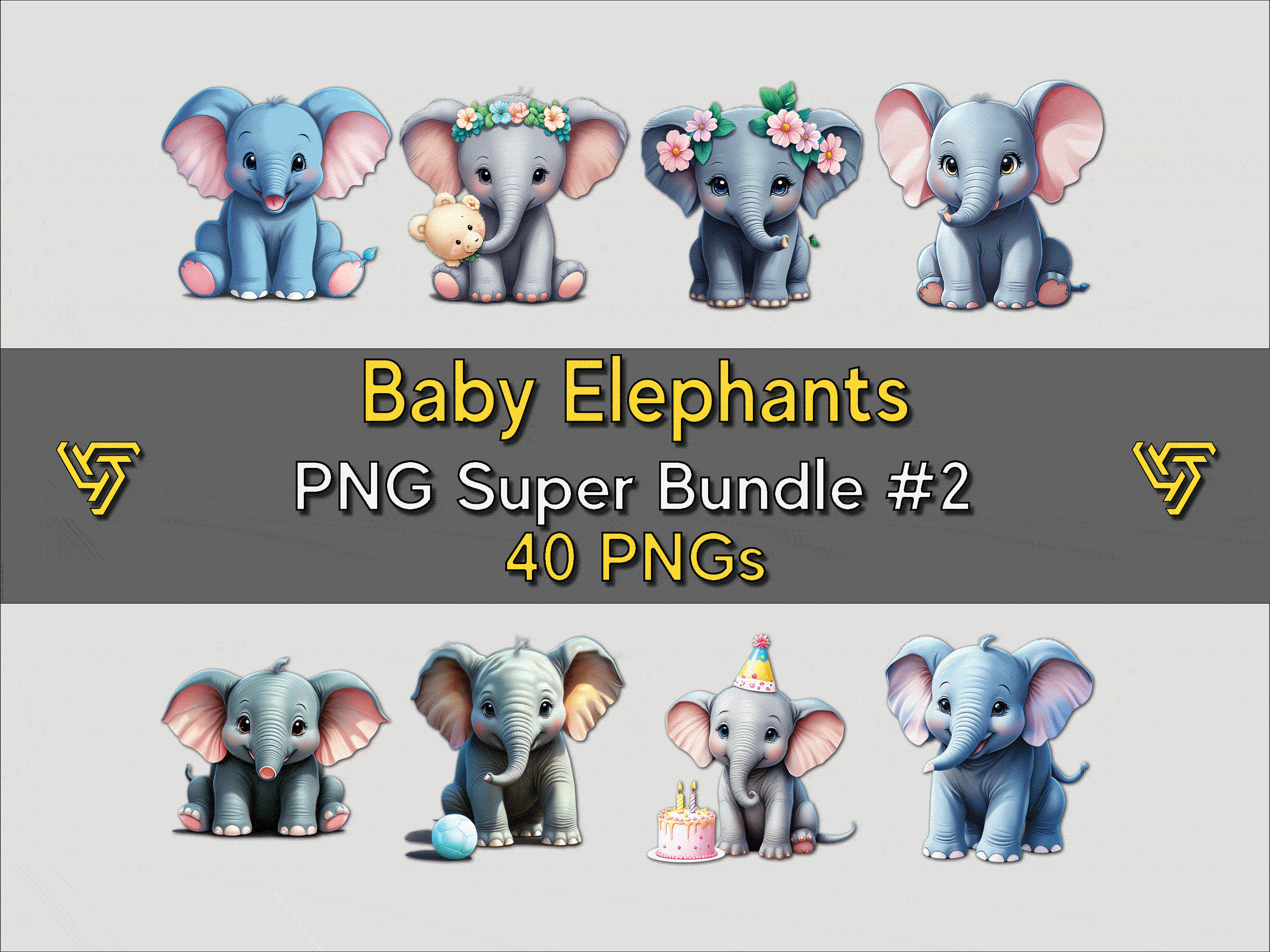 Adorable Baby Elephants PNG Clipart Bundle #2 - 40 Designs, 300 DPI ...