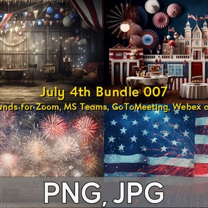 Könnte beinhalten: Ein digitales Kunstpaket mit vier patriotischen Hintergründen. Die Bilder zeigen eine Scheune, die für eine Feier zum 4. Juli geschmückt ist, eine festliche Stadtszene, Feuerwerk und eine amerikanische Flagge. Der Text lautet "July 4th Bundle 007".