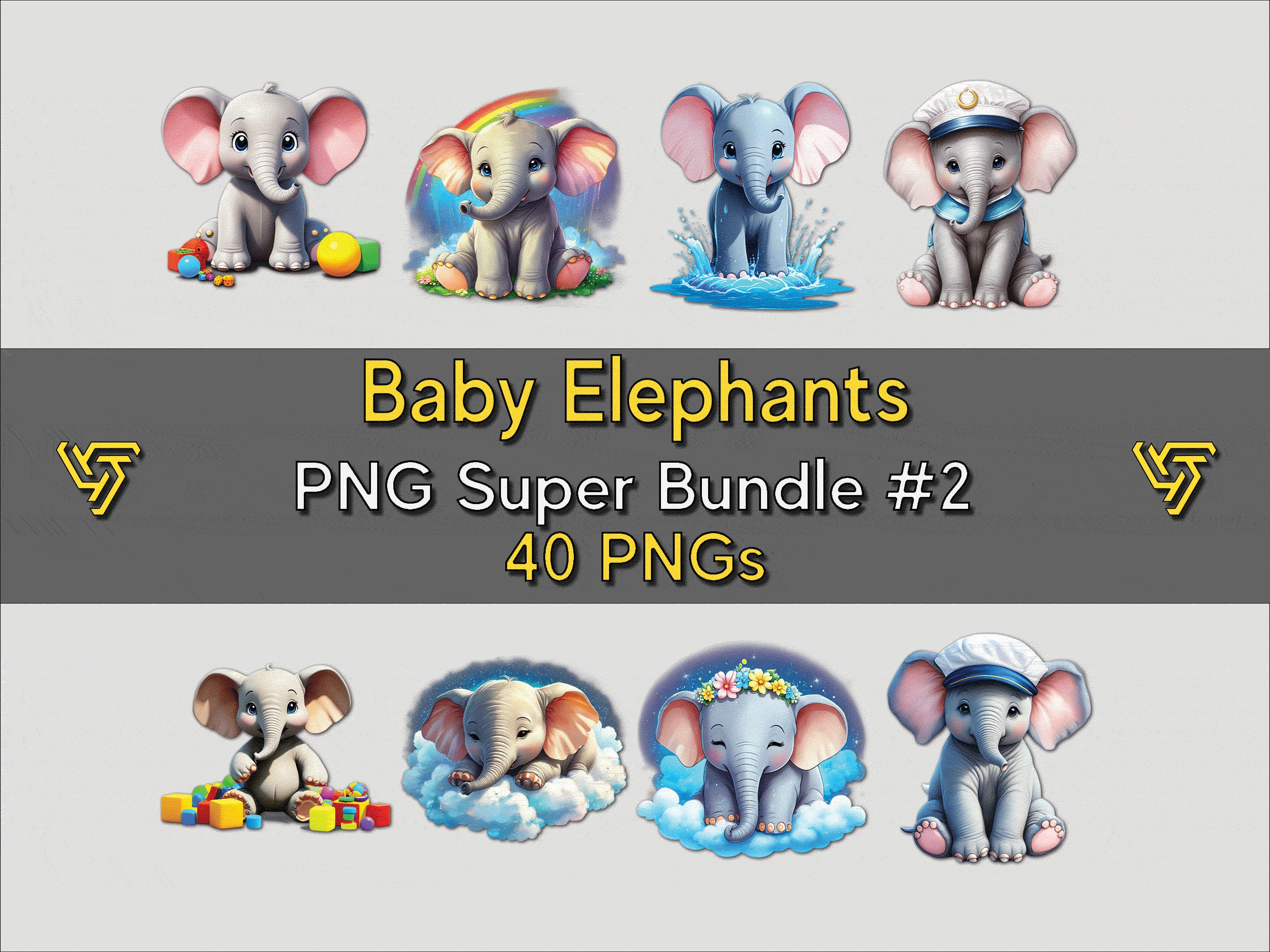Adorable Baby Elephants PNG Clipart Bundle #2 - 40 Designs, 300 DPI ...