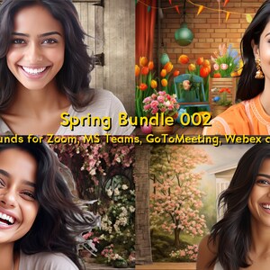 May include: A digital art bundle featuring four spring-themed backgrounds for virtual meetings. The backgrounds include floral arrangements, brick walls, and smiling women. Text reads "Spring Bundle 002" and "Backgrounds for Zoom, MS Teams, GoToMeeting, Webex and more."