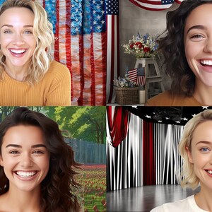 May include: A collage of four images featuring smiling women. The backgrounds include an American flag, a patriotic floral arrangement, a war memorial, and a stage with red and white curtains. The women are wearing different colored tops.