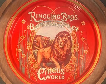 Vintage Ringling Brothers Barnum and Bailey metal tin serving tray.
