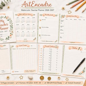 Peut inclure: Un planificateur d'enseignant aquarelle imprimable pour 2026-2027 comprenant des pages pour les objectifs mensuels, les plans de cours hebdomadaires, l'assiduité, le suivi des notes, les contacts des parents et des notes avec texte.