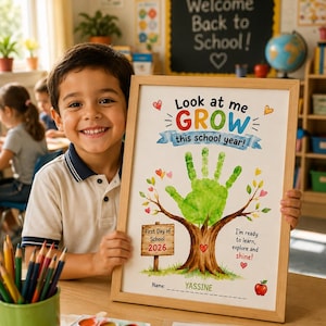 Peut inclure: Une affiche encadrée intitulée Look at me GROW this school year! avec une illustration d'arbre en empreinte de main verte, un panneau First Day of School 2026, le texte I'm ready to learn, explore and shine! et le nom YASSINE en bas.