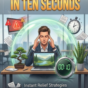 Puede incluir: Ilustración con el texto "MANAGE STRESS IN TEN SECONDS". Un hombre medita con un portátil que muestra un paisaje. Un temporizador muestra 00:10, y papeles y un reloj flotan. Un bonsái y una planta están en el escritorio.