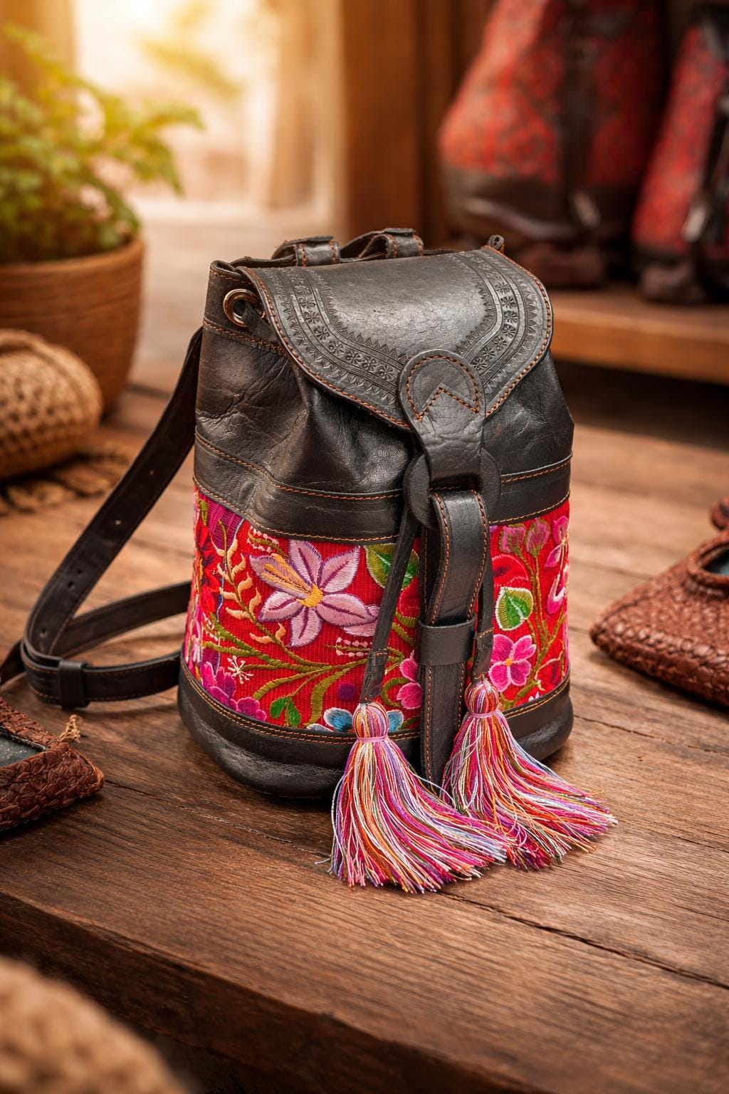 Handmade Mexican Leather Backpack Embroidered Floral Artisan  display picture 2