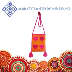 Mini-Tasche mit handgesticktem Herzmotiv Handgewebter Pop-Schulterbeutel Handgemachte mexikanische Handytasche mit langem Riemen