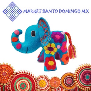 Colorful wool felt elephant stuffed animal toy Mexican handcrafted plushies Hand made cute dolls hand embroidered soft traditional trinkets