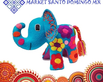 Colorful wool felt elephant stuffed animal toy Mexican handcrafted plushies Hand made cute dolls hand embroidered soft traditional trinkets