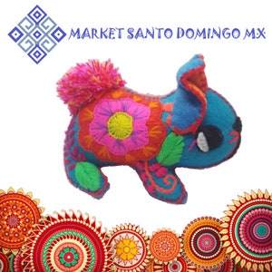 Hand embroidered bunny  stuffed toy Mexican plushies Artisanal dools Decorative trinkets Hand made colorful bird animals for child
