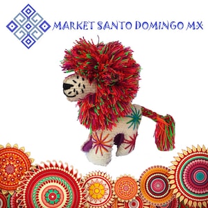 Hand embroidered sheep wool lion stuffed toys Mexican handcrafted plushies artesanal ethnic toys hand made animal hand stitched toys
