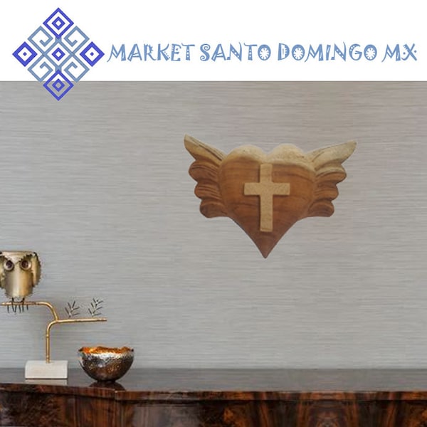 Hand carved wooden heart with angel wings and cross Mexican wood art Rustic home decor Spirytual wall hanging sculpture handmade trinket