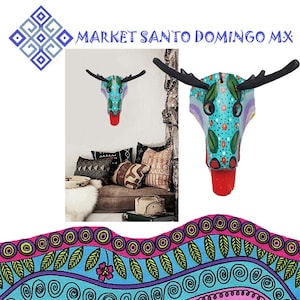 Ceremonial deer mask Mexican folk art Wooden handcarved prehispanic art Mayan / Aztec hand painted wall decoration