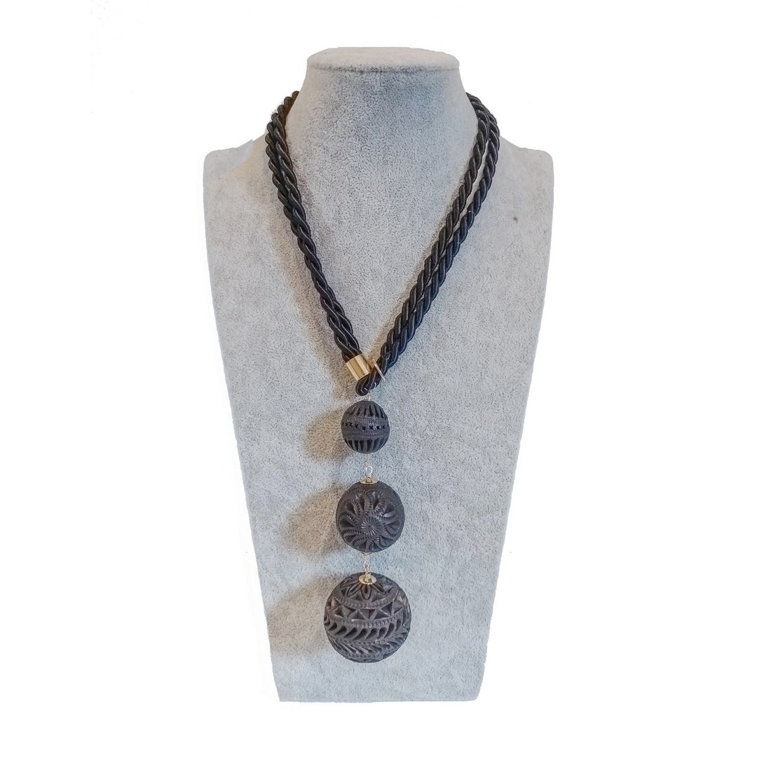 Three Spheres Black Clay Necklace Set With Earrings Mexican Etsy