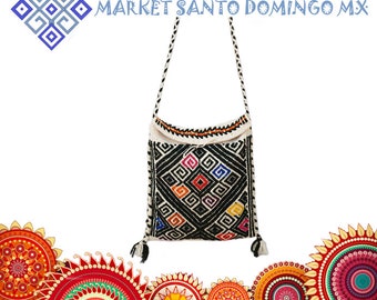 Hand woven wool tote cross body bag Geometric pattern embroidered hippie unisex shoulder strap bag Mexican ethnic boho purse with tassels