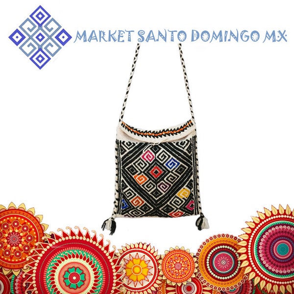 Hand woven wool tote cross body bag Geometric pattern embroidered hippie unisex shoulder strap bag Mexican ethnic boho purse with tassels