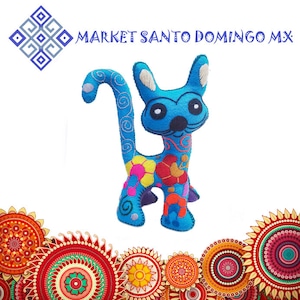 Colorful wool felt cat stuffed animal toy Mexican handcrafted plushies Hand made cute dolls hand embroidered soft traditional trinkets