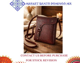 Bolso bandolera de cuero mexicano hecho a mano. Piel de vacuno tejida con técnica petatillo - bandolera étnica artesanal. Bolso de viaje para portátil.