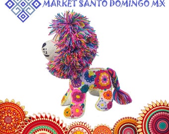 White hand embroidered lion stuffed toy Hand stitched Mexican trinket Animal plushies Hand made ethnic craft Eco friendly colorful soft doll