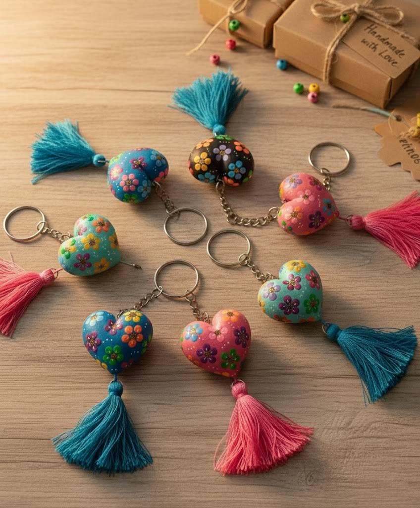51 タッセルキーホルダー＊クッションtagネイティブ✨ハンドメイド✨ Hand-painted Oaxaca Heart Key Chain Mexican Folk Art Tassel Floral