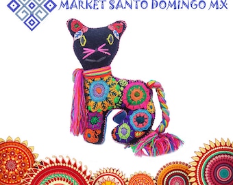 Black wool felt cat stuffed animal toy Mexican handcrafted plushies Hand made cute dolls hand embroidered soft traditional trinkets