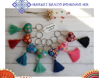 Hand-painted Oaxaca Heart Key Chain Mexican Folk Art Tassel Floral