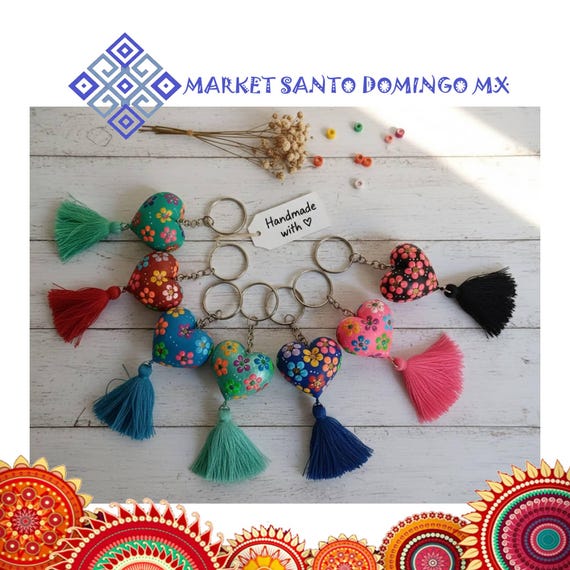 Hand-painted Oaxaca Heart Key Chain Mexican Folk Art Tassel Floral