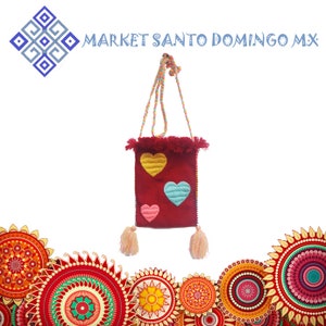Mini-Tasche mit handgesticktem Herzmotiv Handgewebter Pop-Schulterbeutel Handgemachte mexikanische Handytasche mit langem Riemen