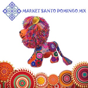Handmade embroidered lion Mexican soft toys Hand crafted stuffed animals Hand stitched traditional eco friendly colorful plushies