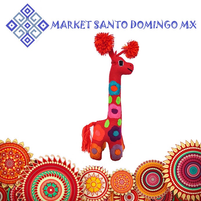 Colorful wool felt giraffe stuffted animal soft toy Mexican handcrafted plushies Hand made cute dolls hand embroidered traditional trinkets