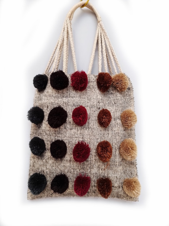 Wool Hand Stitched Tote Hand Bag With Colorful Pompom