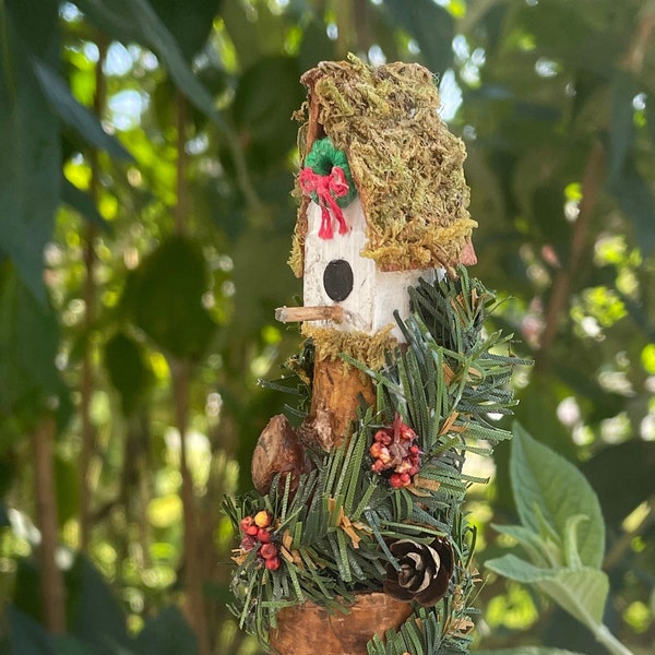 Handmade miniature Christmas birdhouse for dollhouse or fairy garden.