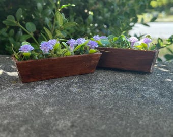 Miniature Flower Boxes, Purple Flowers, Dollhouse Fairy Garden (1/12 Scale)