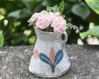 Handmade Miniature Pitcher with pink flowers, Dollhouse Fairy Garden Decor, 1 3/8 inches
