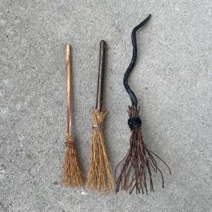 Three broomsticks, dollhouse brooms, witch’s brooms, handmade miniatures, dollhouse