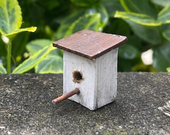 Handmade miniature white birdhouse, 1 inch, dollhouse or indoor fairy garden.