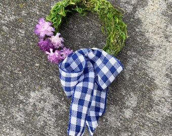 Handmade Miniature Moss Wreath, Purple Flowers, Dollhouse Fairy Garden