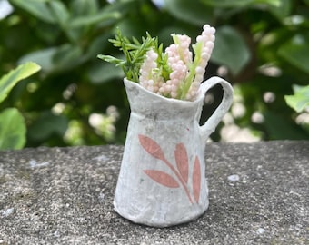Handmade Miniature Pitcher with pink flowers, Dollhouse Fairy Garden Decor, 1 1/2 inches